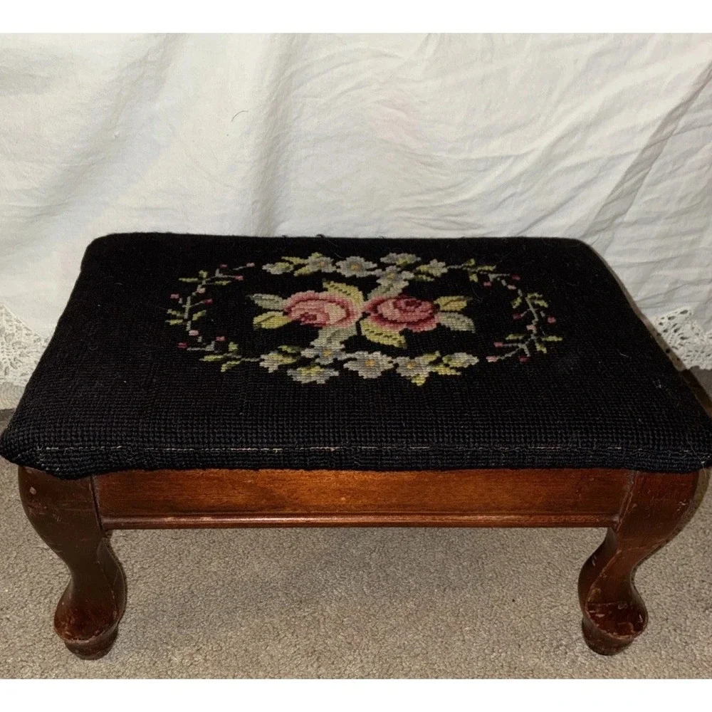 Vtg Victorian Style Needlepoint Maroon Roses Floral Footstool Stool Wood Legs